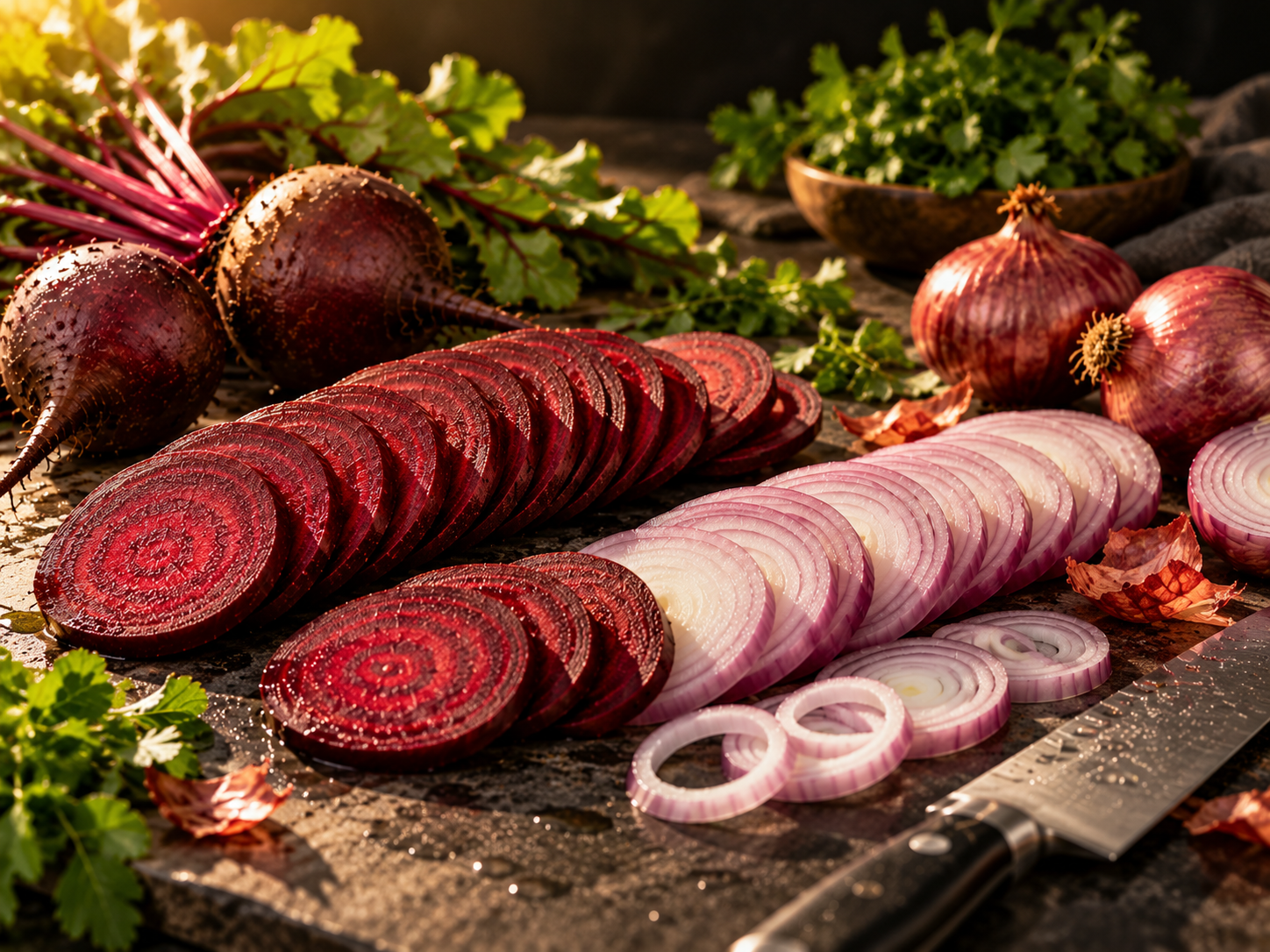 Beetroot and onion slices arranged in neat rows on a cutting surface.